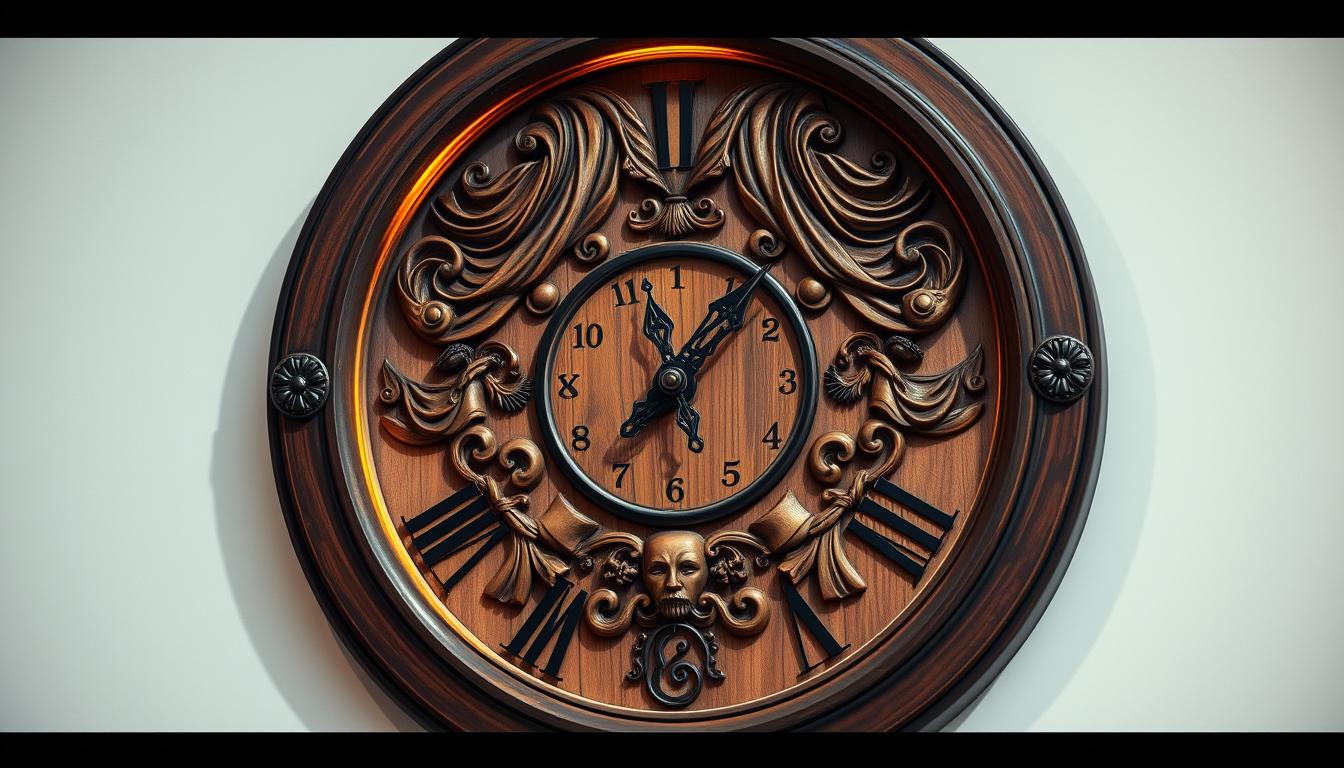 Construct a theater-themed wooden clock for the wall.