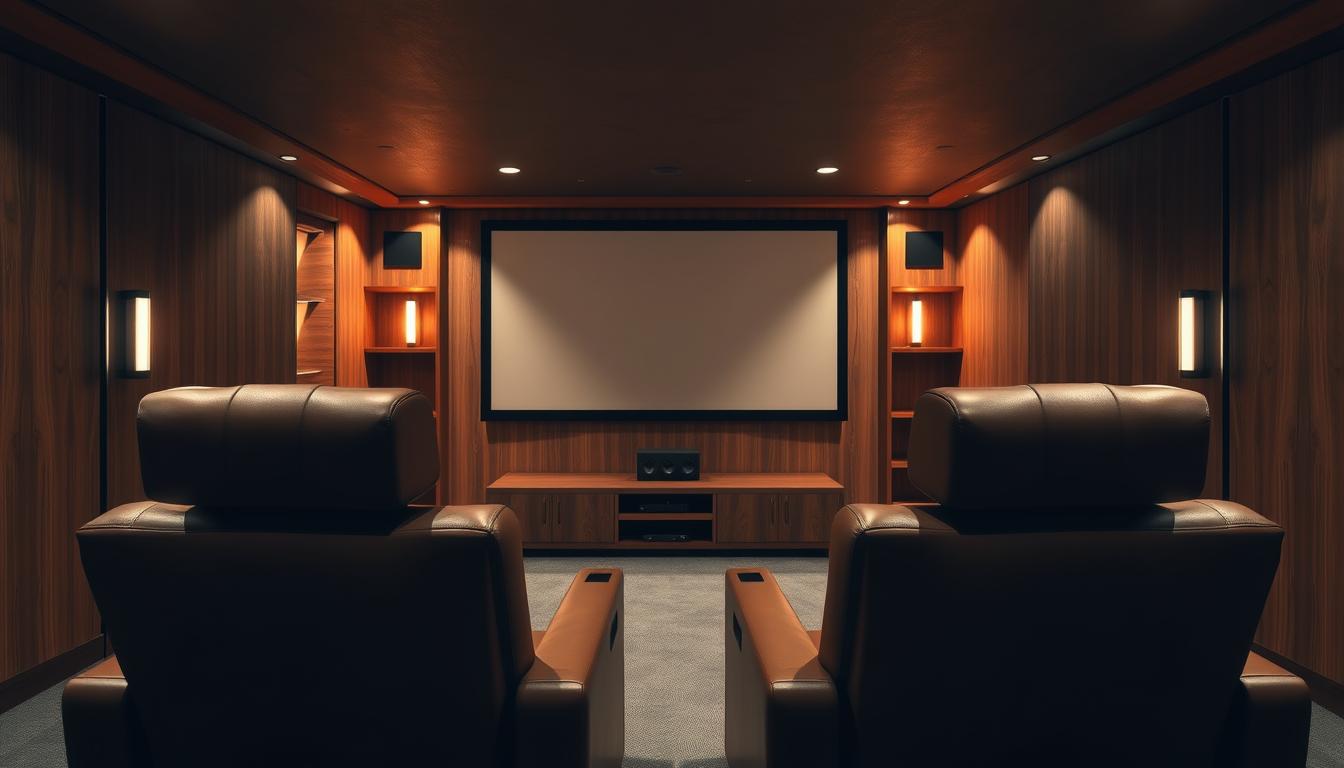 home theater design with wooden accents