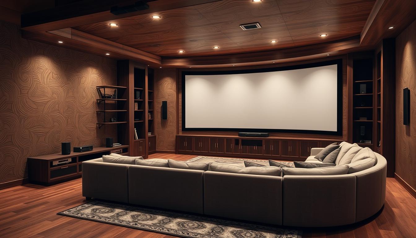 home theater design with wooden accents