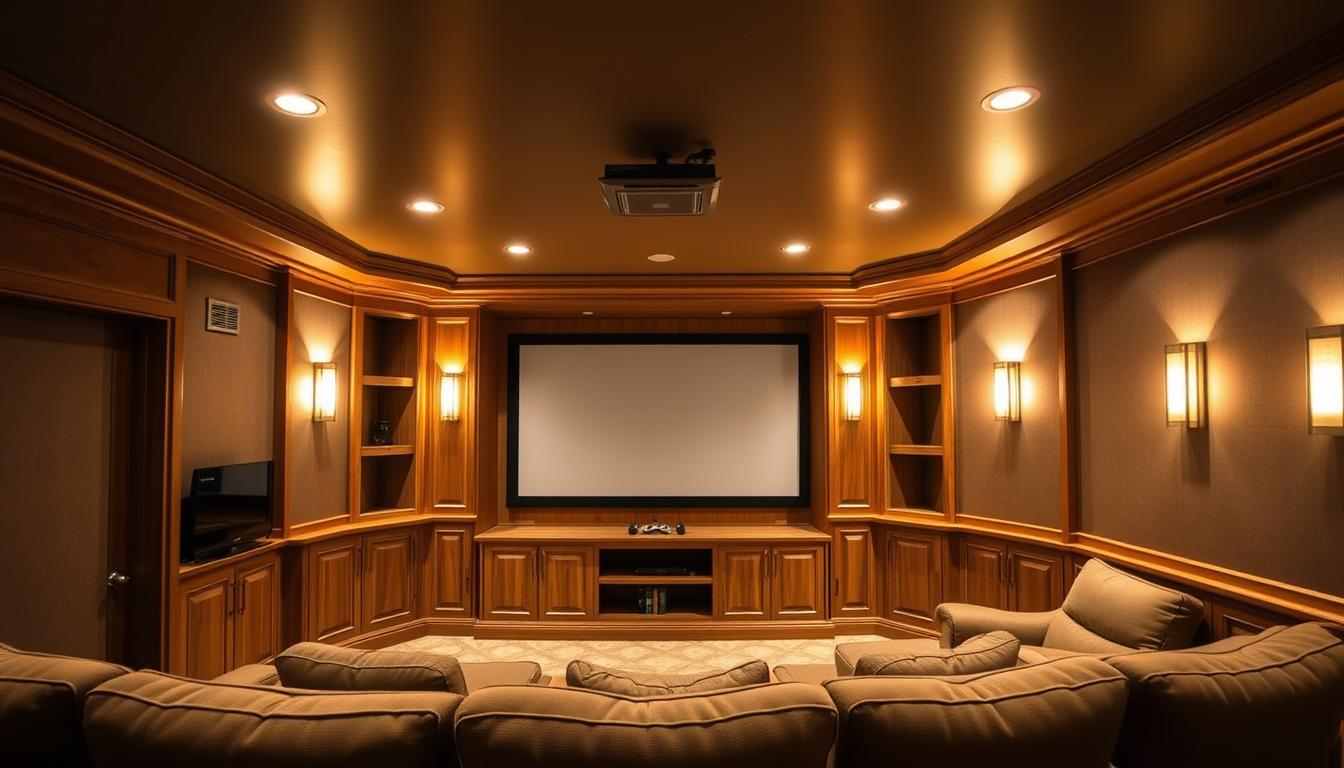 home theater lighting with wooden accents