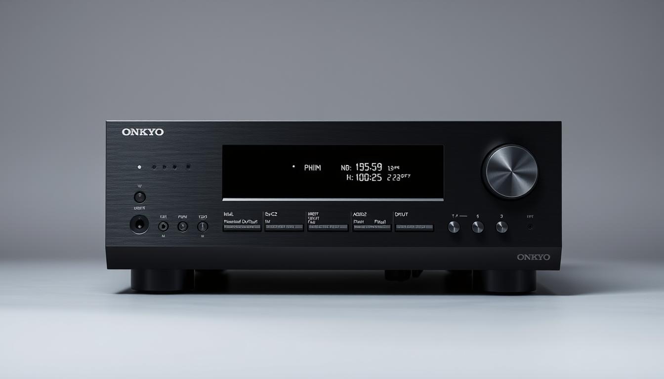 A close-up shot of an Onkyo audio receiver showcasing its detailed technical specifications on the sleek, brushed metal front panel. The display shows a comprehensive array of information, including input/output options, power output, audio processing capabilities, and other key technical details. The receiver is positioned against a muted, monochromatic background that allows the precision engineering and design of the device to take center stage. Crisp, evenly distributed lighting highlights the receiver's bold, minimalist aesthetic, creating a sense of technical sophistication and high-end audio performance.
