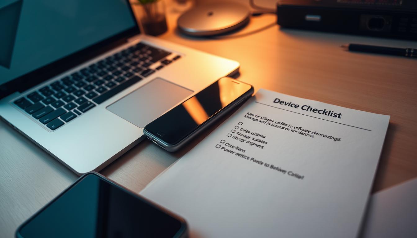 A close-up view of a desk workspace, with a laptop, smartphone, and other digital devices. The devices are arranged neatly, and a checklist is prominently displayed on the desk, detailing steps for optimizing device performance, such as software updates, storage management, and power settings. The lighting is soft and warm, creating a focused and productive atmosphere. The angle is slightly elevated, giving a bird's-eye perspective on the organized and efficient workstation. A close-up view of a desk workspace, with a laptop, smartphone, and other digital devices. The devices are arranged neatly, and a checklist is prominently displayed on the desk, detailing steps for optimizing device performance, such as software updates, storage management, and power settings. The lighting is soft and warm, creating a focused and productive atmosphere. The angle is slightly elevated, giving a bird's-eye perspective on the organized and efficient workstation.