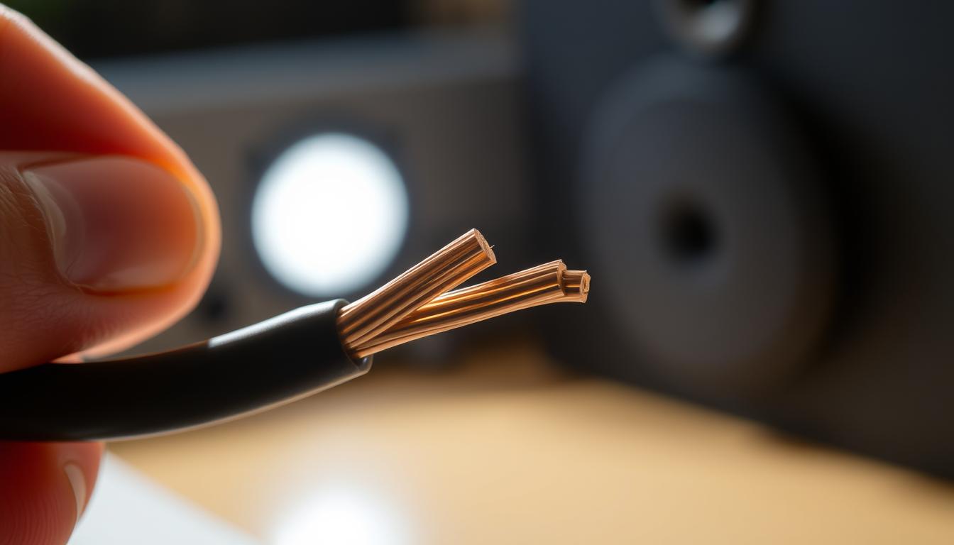 A close-up view of a pair of speaker wires being carefully inspected. The wires are held gently between the fingers, revealing the copper core and insulation. Bright, directional lighting illuminates the scene, casting subtle shadows that highlight the textures and contours of the wires. The background is blurred, keeping the focus on the delicate inspection process. The overall mood is one of attentiveness and precision, reflecting the importance of ensuring proper connections in a home theater system. A close-up view of a pair of speaker wires being carefully inspected. The wires are held gently between the fingers, revealing the copper core and insulation. Bright, directional lighting illuminates the scene, casting subtle shadows that highlight the textures and contours of the wires. The background is blurred, keeping the focus on the delicate inspection process. The overall mood is one of attentiveness and precision, reflecting the importance of ensuring proper connections in a home theater system.