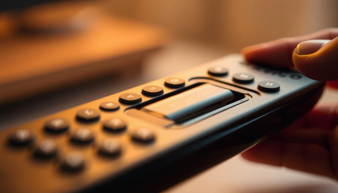 A close-up view of a remote control, its battery compartment open, revealing the battery terminals. Soft, warm lighting illuminates the scene, creating a contemplative atmosphere. The remote's sleek, minimalist design is prominently featured, with a matte black or dark gray finish. The background is slightly blurred, keeping the focus on the battery inspection process. The angle captures the remote from a slightly elevated perspective, showcasing the battery cavity and the user's hands gently examining the battery condition. The overall impression conveys a sense of troubleshooting and problem-solving, reflecting the topic of the article's section on evaluating device settings. A close-up view of a remote control, its battery compartment open, revealing the battery terminals. Soft, warm lighting illuminates the scene, creating a contemplative atmosphere. The remote's sleek, minimalist design is prominently featured, with a matte black or dark gray finish. The background is slightly blurred, keeping the focus on the battery inspection process. The angle captures the remote from a slightly elevated perspective, showcasing the battery cavity and the user's hands gently examining the battery condition. The overall impression conveys a sense of troubleshooting and problem-solving, reflecting the topic of the article's section on evaluating device settings.