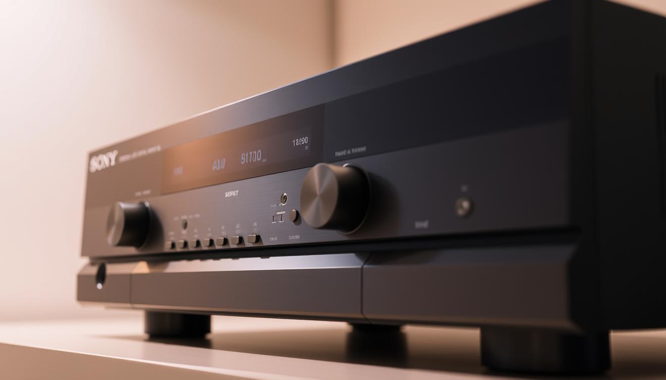 A close-up view of a sleek, modern Sony AV receiver, its brushed metal and minimalist design conveying a sense of sophisticated technology. The front panel displays various buttons and knobs, each clearly labeled with their functions, inviting the user to navigate the device's settings. Soft, indirect lighting illuminates the receiver, creating a warm, inviting atmosphere. In the background, a neutral-toned wall or surface provides a clean, uncluttered backdrop, allowing the device to be the focal point of the image. A close-up view of a sleek, modern Sony AV receiver, its brushed metal and minimalist design conveying a sense of sophisticated technology. The front panel displays various buttons and knobs, each clearly labeled with their functions, inviting the user to navigate the device's settings. Soft, indirect lighting illuminates the receiver, creating a warm, inviting atmosphere. In the background, a neutral-toned wall or surface provides a clean, uncluttered backdrop, allowing the device to be the focal point of the image.