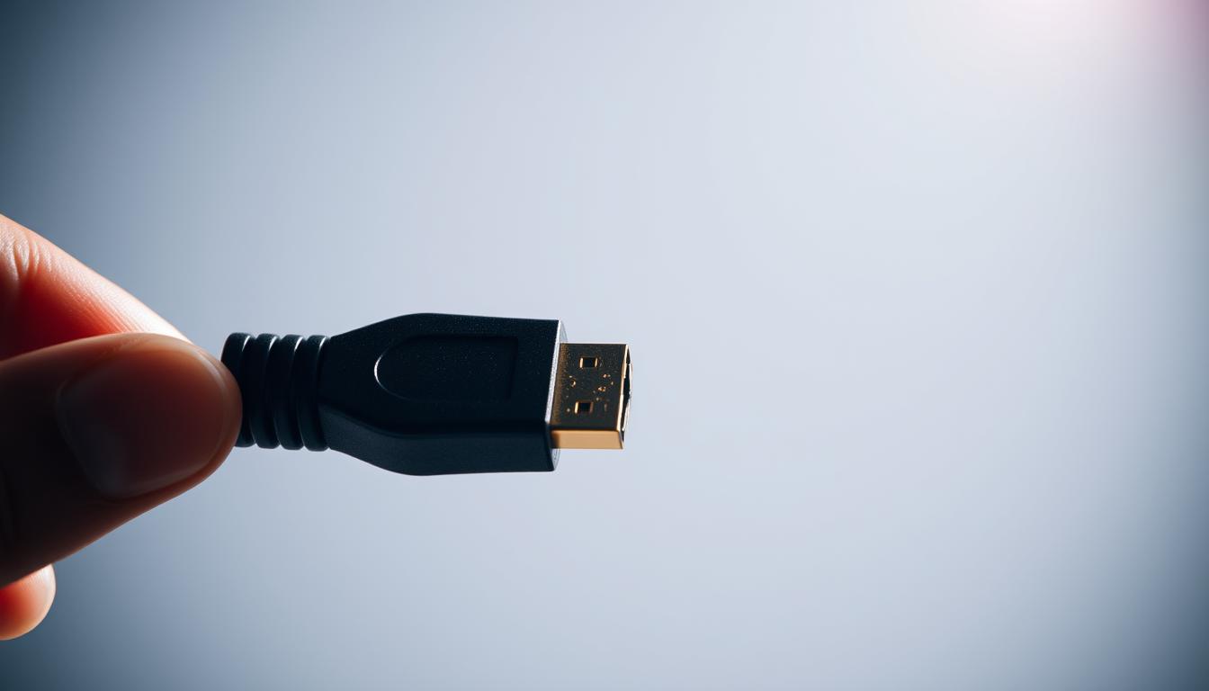 A close-up view of an HDMI cable being inspected under bright, focused lighting. The cable is held firmly in the foreground, revealing its intricate construction and connectors in sharp detail. The middle ground features a clean, neutral background, allowing the cable to be the central focus. Subtle shadows and reflections add depth and three-dimensionality to the scene, conveying a sense of precision and technical examination. The overall mood is one of careful scrutiny and attention to detail, reflecting the need to ensure a secure and reliable HDMI connection. A close-up view of an HDMI cable being inspected under bright, focused lighting. The cable is held firmly in the foreground, revealing its intricate construction and connectors in sharp detail. The middle ground features a clean, neutral background, allowing the cable to be the central focus. Subtle shadows and reflections add depth and three-dimensionality to the scene, conveying a sense of precision and technical examination. The overall mood is one of careful scrutiny and attention to detail, reflecting the need to ensure a secure and reliable HDMI connection.