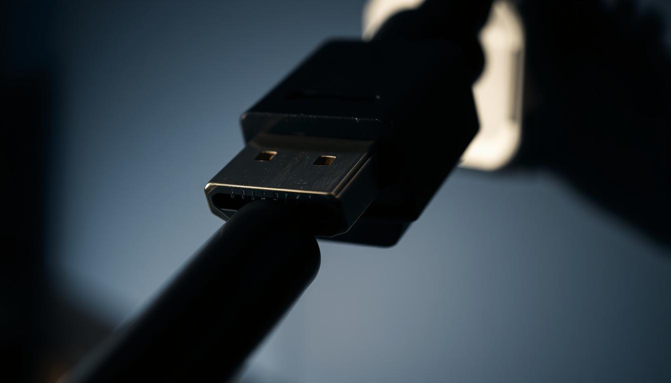A close-up view of an HDMI cable connection, with the cable's head slightly misaligned and not fully inserted into the port. The scene is dimly lit, creating a sense of frustration and technical difficulty. The port's metal casing is slightly oxidized, hinting at potential corrosion issues. The background is blurred, emphasizing the focus on the problematic connection. The lighting is soft and moody, casting subtle shadows that accentuate the texture and form of the HDMI components. The overall tone conveys a sense of troubleshooting and the need to identify the source of the connection problem. A close-up view of an HDMI cable connection, with the cable's head slightly misaligned and not fully inserted into the port. The scene is dimly lit, creating a sense of frustration and technical difficulty. The port's metal casing is slightly oxidized, hinting at potential corrosion issues. The background is blurred, emphasizing the focus on the problematic connection. The lighting is soft and moody, casting subtle shadows that accentuate the texture and form of the HDMI components. The overall tone conveys a sense of troubleshooting and the need to identify the source of the connection problem.