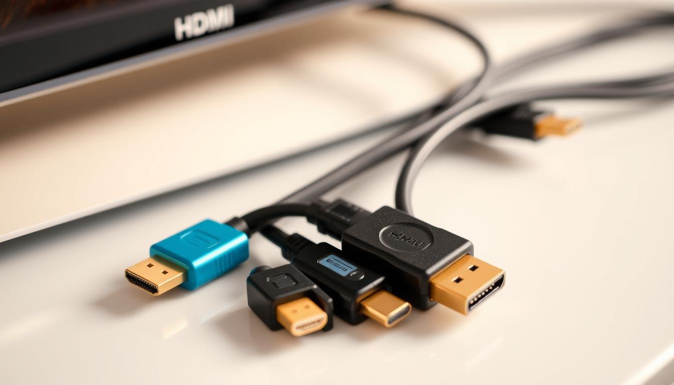 A close-up view of an assortment of high-quality HDMI cables in various colors and sizes, neatly arranged on a clean, minimalist surface. The cables are displayed alongside a modern, sleek HDMI-enabled device, such as a television or audio receiver, to showcase their compatibility and connectivity. The lighting is soft and diffused, creating a warm, inviting atmosphere that highlights the cables' glossy, premium textures. The overall composition emphasizes the importance of selecting the right HDMI cable to ensure a seamless Audio Return Channel (ARC) setup, complementing the article's focus on proper ARC configuration.