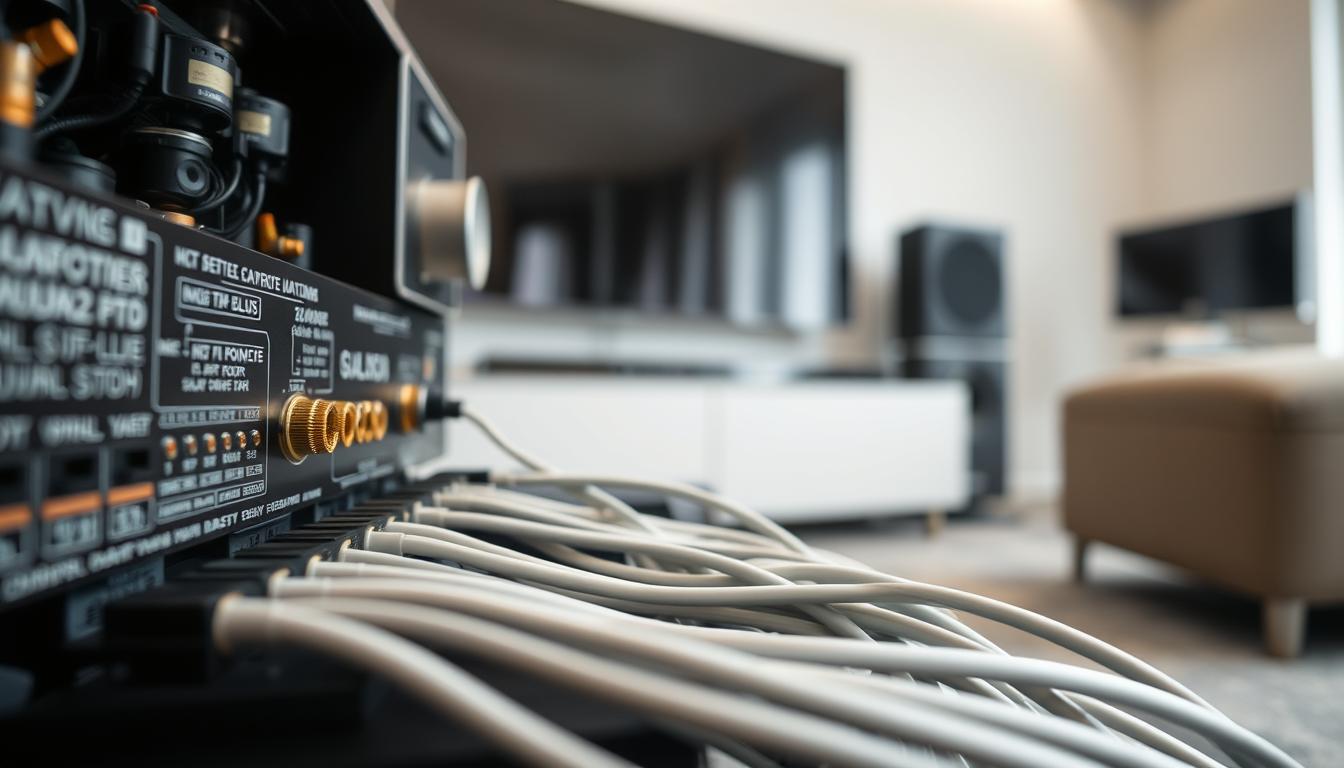 A close-up view of an audio system's internal components, showcasing the intricate process of impedance matching. The foreground features a sophisticated audio amplifier, its circuits and connectors meticulously detailed. In the middle ground, high-quality speaker wires are neatly arranged, their individual strands visible. The background depicts a sleek, modern home entertainment setup, with clean lines and a minimalist aesthetic. Soft, directional lighting illuminates the scene, highlighting the technical complexity and precision engineering required for optimal audio performance. The overall mood conveys a sense of engineering elegance and the importance of careful component integration for seamless multi-room audio distribution.