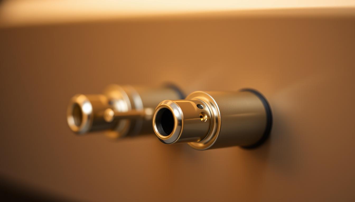A close-up view of high-quality speaker binding posts, their metallic surfaces gleaming under warm, focused lighting. The posts are set against a slightly blurred, neutral background, emphasizing their technical, functional design. The image captures the essential hardware components needed for a robust, high-performance audio setup, conveying a sense of precision engineering and attention to detail. A close-up view of high-quality speaker binding posts, their metallic surfaces gleaming under warm, focused lighting. The posts are set against a slightly blurred, neutral background, emphasizing their technical, functional design. The image captures the essential hardware components needed for a robust, high-performance audio setup, conveying a sense of precision engineering and attention to detail.