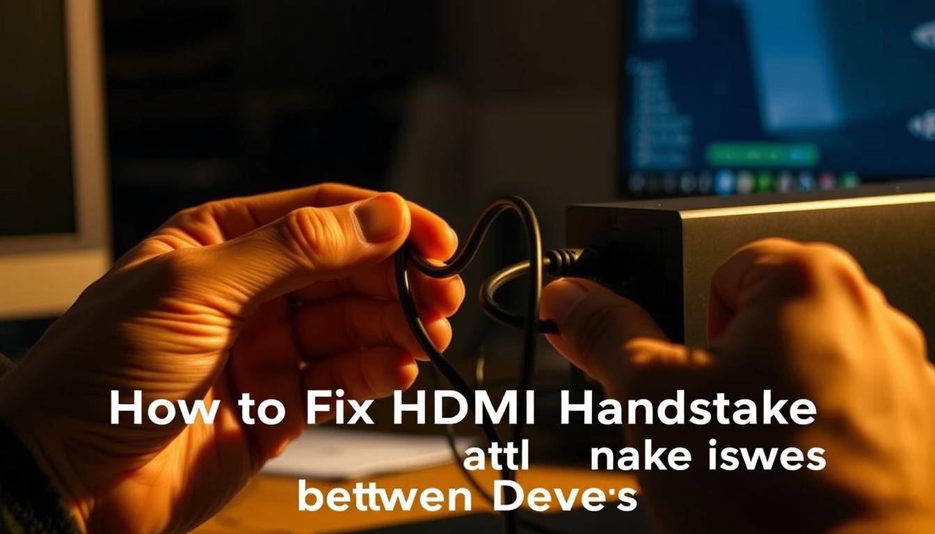 A close-up view of two hands intricately troubleshooting an HDMI connection between two electronic devices. The scene is set in a dimly lit office or workspace, with a soft, warm lighting illuminating the hands and creating shadows that add depth and texture. The cables are tangled, and the focus is on the delicate process of untangling and reconnecting the HDMI ports, conveying the challenge of resolving HDMI handshake issues. The background is blurred, keeping the attention on the central action. The overall atmosphere is one of concentration and problem-solving, reflecting the section title "How to Fix HDMI Handshake Issues Between Devices". A close-up view of two hands intricately troubleshooting an HDMI connection between two electronic devices. The scene is set in a dimly lit office or workspace, with a soft, warm lighting illuminating the hands and creating shadows that add depth and texture. The cables are tangled, and the focus is on the delicate process of untangling and reconnecting the HDMI ports, conveying the challenge of resolving HDMI handshake issues. The background is blurred, keeping the attention on the central action. The overall atmosphere is one of concentration and problem-solving, reflecting the section title "How to Fix HDMI Handshake Issues Between Devices".