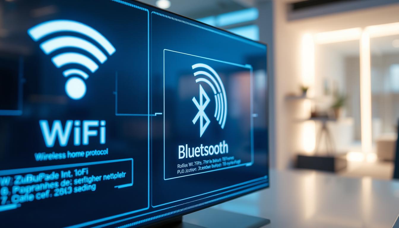A close-up view of various wireless protocols, including WiFi, Bluetooth, and Zigbee, displayed on futuristic digital screens. The foreground showcases the protocol icons and technical specifications, while the middle ground features a clean, minimalist design with glowing lines and gradients. The background depicts a softly blurred, high-tech environment with subtle hints of a smart home or IoT setup, creating a sense of integration and connectivity. The lighting is crisp and directed, emphasizing the technical details and the sleek, modern aesthetic. The overall composition conveys a balanced, informative, and visually appealing representation of the topic of wireless protocol comparison.