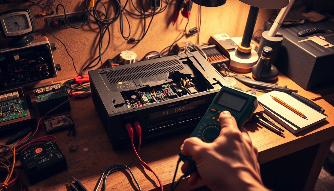 A cluttered workbench with various electronic components, tools, and a broken home theater receiver. Warm task lighting casts shadows, creating a pensive, contemplative atmosphere. The receiver's innards are exposed, inviting the viewer to closely examine the damaged parts. In the foreground, a human hand holding a multimeter, pondering the next steps - whether to attempt a repair or opt for replacement. The scene evokes the decision-making process of a skilled technician, balancing cost, complexity, and the potential for salvaging the faulty device. A cluttered workbench with various electronic components, tools, and a broken home theater receiver. Warm task lighting casts shadows, creating a pensive, contemplative atmosphere. The receiver's innards are exposed, inviting the viewer to closely examine the damaged parts. In the foreground, a human hand holding a multimeter, pondering the next steps - whether to attempt a repair or opt for replacement. The scene evokes the decision-making process of a skilled technician, balancing cost, complexity, and the potential for salvaging the faulty device.