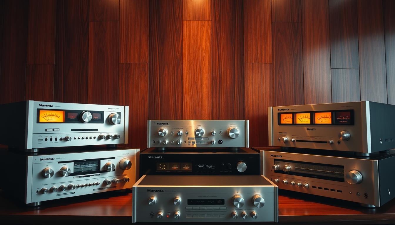 A collection of vintage Marantz receivers, meticulously arranged against a backdrop of rich mahogany wood paneling. The receivers, in a range of classic silver and black hues, exude an aura of retro-futuristic elegance. Precise lighting from above casts a warm, golden glow, accentuating the brushed metal details and sleek, minimalist designs. The scene is captured through a high-quality lens, providing a sense of depth and focus, drawing the viewer's attention to the intricate knobs, dials, and VU meters that epitomize the craftsmanship of these iconic audio components. The overall atmosphere evokes a sense of nostalgia and appreciation for the golden age of hi-fi engineering.