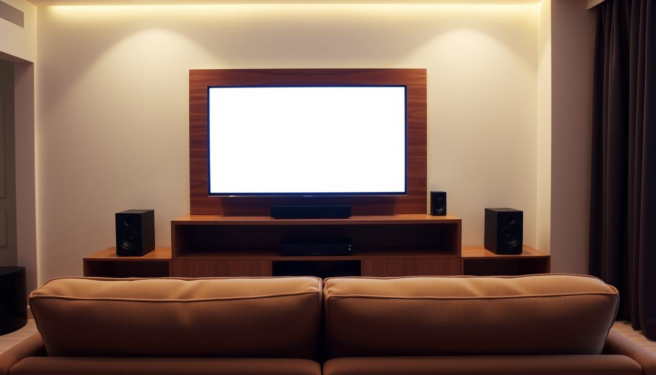 A cozy and functional budget home theater setup featuring a modest-sized TV mounted on a wooden wall unit, flanked by a pair of sleek, compact bookshelf speakers. In the foreground, a plush, comfortable sofa in a neutral tone invites viewers to relax and enjoy the immersive cinematic experience. Subtle ambient lighting from concealed sources creates a warm, inviting atmosphere, while the minimalist decor and clean lines convey a sense of understated elegance. The overall scene evokes a welcoming, lived-in vibe, showcasing how a high-quality home theater can be achieved without breaking the bank. A cozy and functional budget home theater setup featuring a modest-sized TV mounted on a wooden wall unit, flanked by a pair of sleek, compact bookshelf speakers. In the foreground, a plush, comfortable sofa in a neutral tone invites viewers to relax and enjoy the immersive cinematic experience. Subtle ambient lighting from concealed sources creates a warm, inviting atmosphere, while the minimalist decor and clean lines convey a sense of understated elegance. The overall scene evokes a welcoming, lived-in vibe, showcasing how a high-quality home theater can be achieved without breaking the bank.