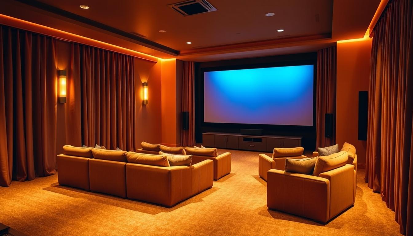 A cozy and inviting home theater space, bathed in warm, ambient lighting. The room is spacious yet intimate, with plush seating arranged in a semicircle facing a large, high-definition screen. Subtle accent lighting highlights architectural details, creating a sense of depth and drama. The floor is covered in a luxurious, low-pile carpet, muffling footsteps and enhancing the acoustic experience. Sleek, modern shelving units flank the screen, neatly organizing media equipment and accessories. Tall, sound-dampening curtains frame the scene, blocking out external light and noise for an immersive viewing experience. The overall atmosphere is one of comfort, elegance, and cinematic wonder. A cozy and inviting home theater space, bathed in warm, ambient lighting. The room is spacious yet intimate, with plush seating arranged in a semicircle facing a large, high-definition screen. Subtle accent lighting highlights architectural details, creating a sense of depth and drama. The floor is covered in a luxurious, low-pile carpet, muffling footsteps and enhancing the acoustic experience. Sleek, modern shelving units flank the screen, neatly organizing media equipment and accessories. Tall, sound-dampening curtains frame the scene, blocking out external light and noise for an immersive viewing experience. The overall atmosphere is one of comfort, elegance, and cinematic wonder.