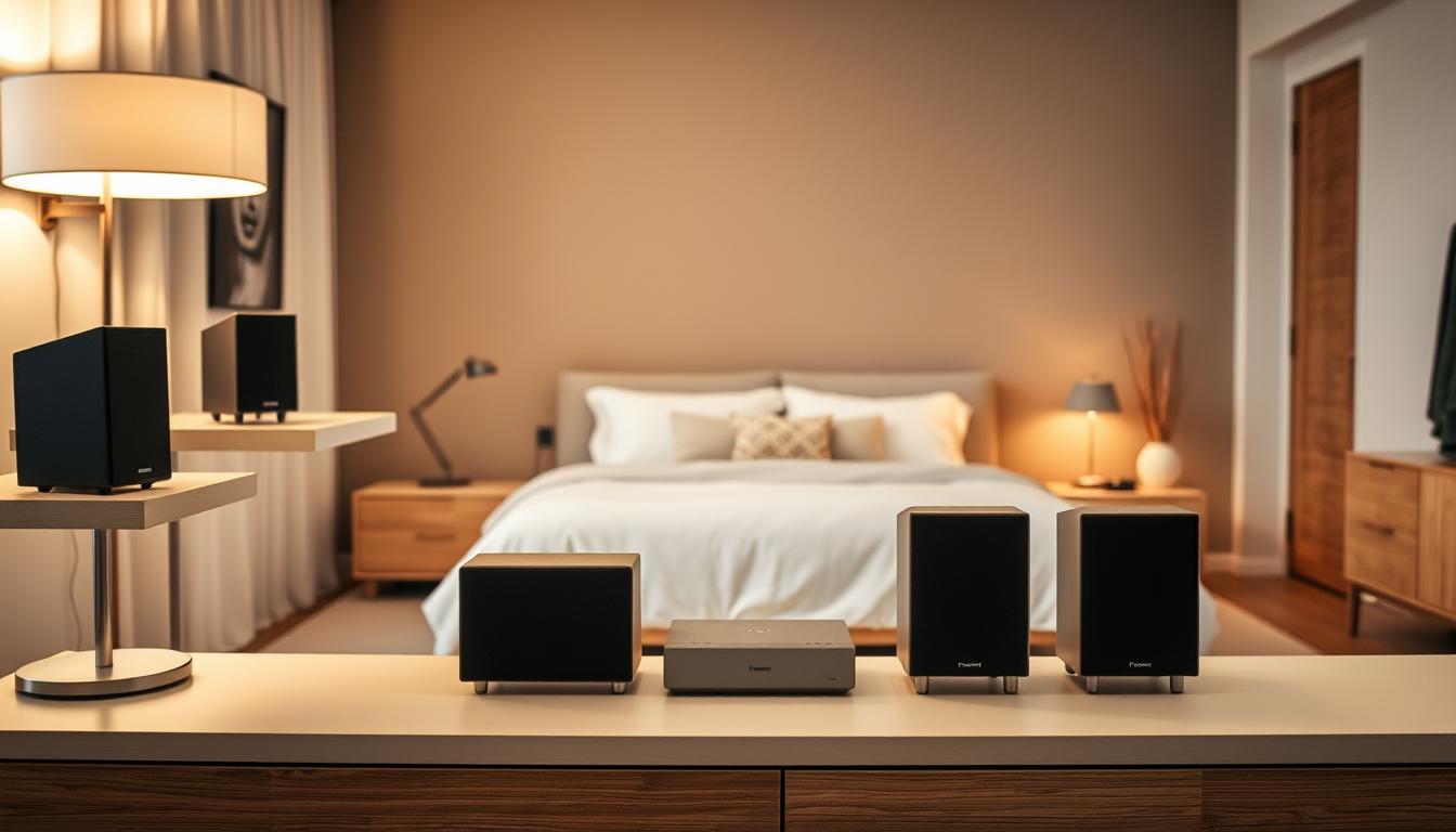 A cozy bedroom showcasing a multi-room speaker system. In the foreground, sleek, minimalist speakers are arranged on floating shelves, their clean lines and neutral tones blending seamlessly with the decor. Soft, diffused lighting from a stylish floor lamp creates a warm, inviting ambiance. In the middle ground, a large, plush bed with crisp white linens and a few decorative pillows invites relaxation. The background features muted, earthy tones on the walls, complemented by natural wood accents and a small potted plant, conveying a sense of tranquility and balance. The overall scene exudes a sophisticated, yet comforting atmosphere, perfect for enjoying high-quality audio throughout the multi-room space.