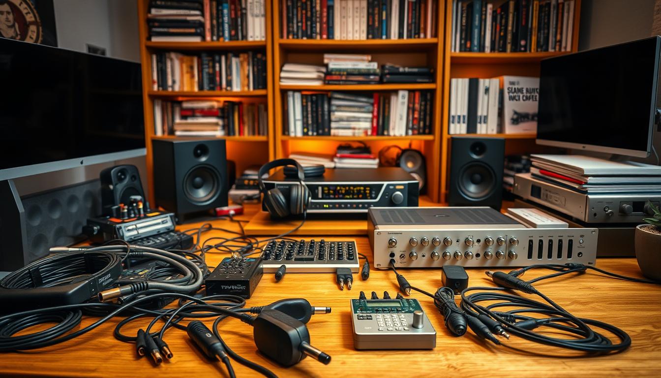 A cozy home office setup with a sophisticated audio tech workbench. In the foreground, an array of diagnostic tools, cables, and adapters neatly organized on a wooden desk. The middle ground features a high-end audio interface, a pair of studio headphones, and a sleek, modern amplifier. In the background, a bookshelf showcases a collection of audio engineering manuals and technical guides, illuminated by warm, focused lighting. The overall atmosphere conveys a sense of focused problem-solving and expertise, perfectly suited for troubleshooting morning audio tech issues.