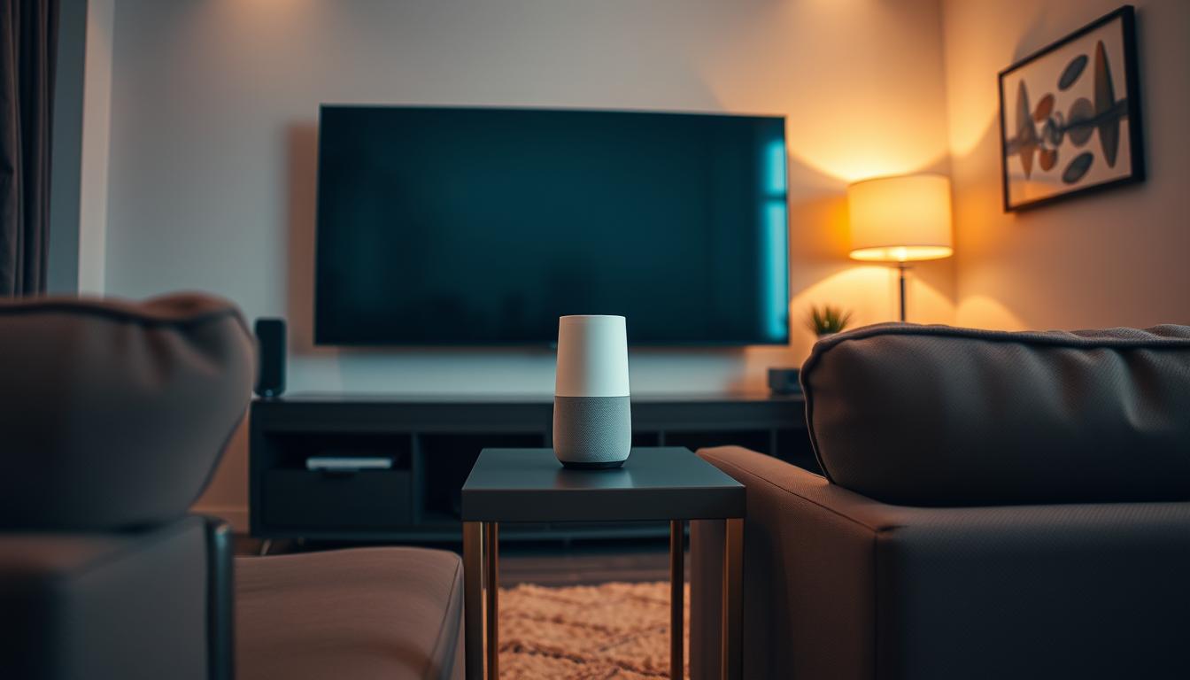 A cozy home theater setup with a stylish voice assistant placed prominently on a minimalist side table. The room is bathed in warm, ambient lighting, creating a relaxed atmosphere. The voice assistant is positioned at the ideal height for natural conversation, surrounded by sleek, modern decor that complements the home theater's aesthetic. The camera angle captures the setup from a slightly elevated perspective, showcasing the harmony between the voice assistant and the carefully curated home theater environment.