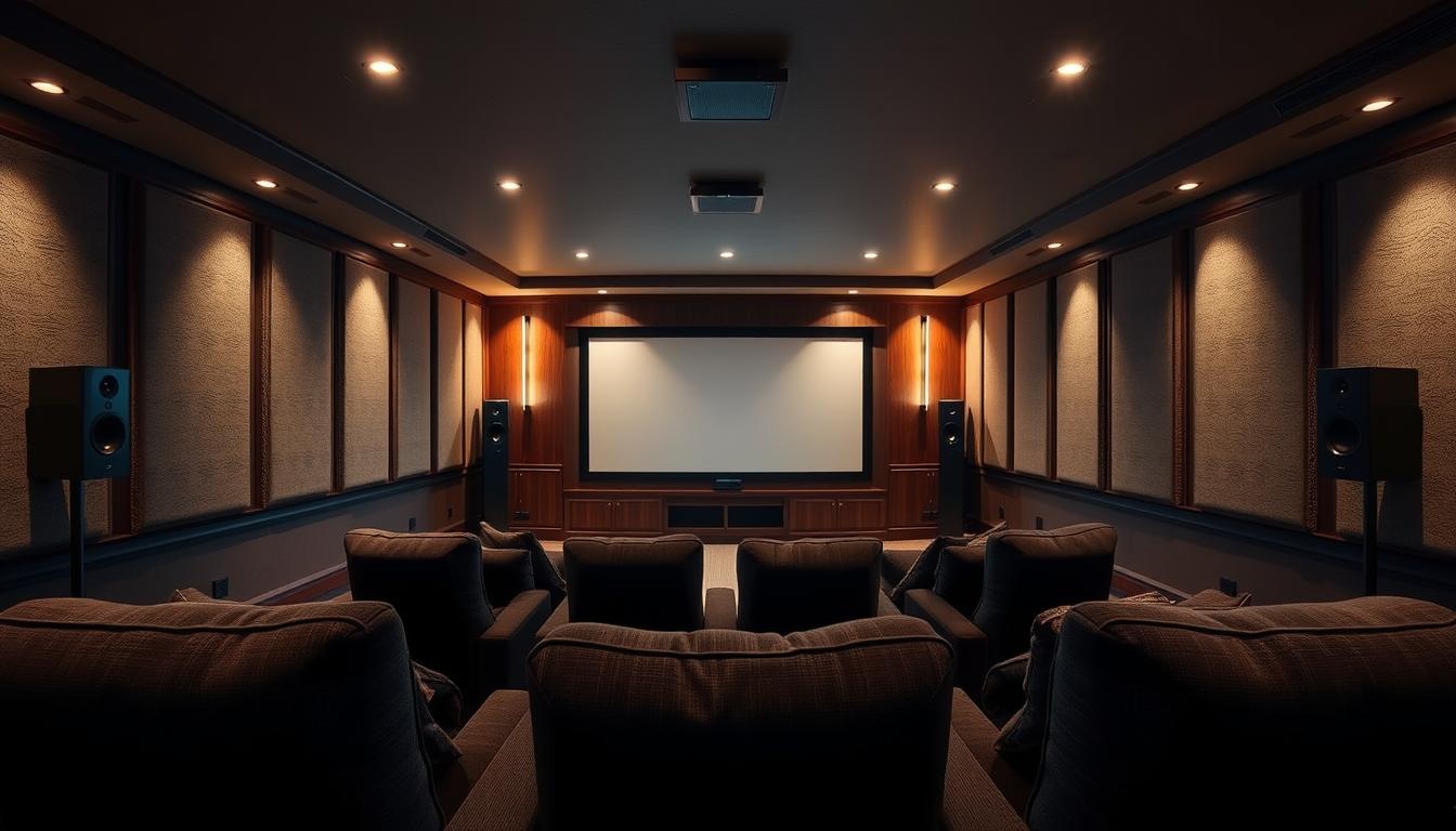 A cozy, well-designed home theater room with optimal acoustics. The space features plush, dark-colored seating arranged in a semicircle around a large projection screen. Acoustic panels line the walls, strategically placed to absorb sound waves and minimize echoes. Recessed lighting casts a warm, ambient glow, creating a immersive atmosphere. High-end speakers are positioned at precise angles, their sleek, minimalist designs blending seamlessly with the room's decor. Rich, textured fabrics and wooden accents add depth and elegance. The overall setting exudes a sense of comfort and cinematic grandeur, perfectly suited for an exceptional audio-visual experience.