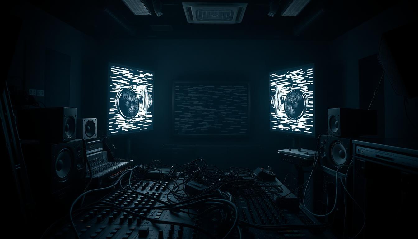 A dark, cramped recording studio with sound equipment scattered around. In the foreground, a mixing console with dials and sliders, knobs and buttons, overwhelmed by a tangled mess of cables. In the middle ground, a pair of large speakers emitting distorted, compressed audio waves, creating a sense of sonic chaos. The background is shrouded in shadows, hinting at the acoustic challenges of the space. Moody, contrasty lighting casts dramatic shadows, emphasizing the technical complexities of addressing surround sound and compression issues. An atmosphere of frustration and the need for audio optimization pervades the scene. A dark, cramped recording studio with sound equipment scattered around. In the foreground, a mixing console with dials and sliders, knobs and buttons, overwhelmed by a tangled mess of cables. In the middle ground, a pair of large speakers emitting distorted, compressed audio waves, creating a sense of sonic chaos. The background is shrouded in shadows, hinting at the acoustic challenges of the space. Moody, contrasty lighting casts dramatic shadows, emphasizing the technical complexities of addressing surround sound and compression issues. An atmosphere of frustration and the need for audio optimization pervades the scene.