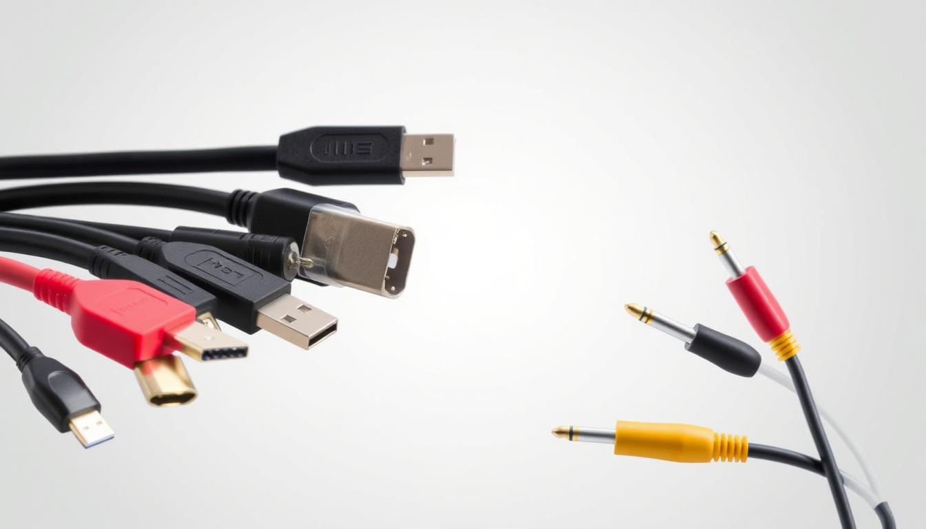A detailed and visually striking illustration of various cable types and their distinct features. Showcased against a neutral, softly lit background, the cables are arranged in a clean, organized manner, allowing their unique properties to take center stage. The foreground displays an assortment of cables, including HDMI, USB, Ethernet, and audio cables, each with its own distinct color, thickness, and connector type. The middle ground provides a closer look at the specific details and textures of each cable, while the background maintains a subtle, complementary palette to ensure the focus remains on the subject matter. The overall composition conveys a sense of technical precision and educational clarity, perfectly suited to illustrate the "Understanding Cable Types and Features" section of the article. A detailed and visually striking illustration of various cable types and their distinct features. Showcased against a neutral, softly lit background, the cables are arranged in a clean, organized manner, allowing their unique properties to take center stage. The foreground displays an assortment of cables, including HDMI, USB, Ethernet, and audio cables, each with its own distinct color, thickness, and connector type. The middle ground provides a closer look at the specific details and textures of each cable, while the background maintains a subtle, complementary palette to ensure the focus remains on the subject matter. The overall composition conveys a sense of technical precision and educational clarity, perfectly suited to illustrate the "Understanding Cable Types and Features" section of the article.