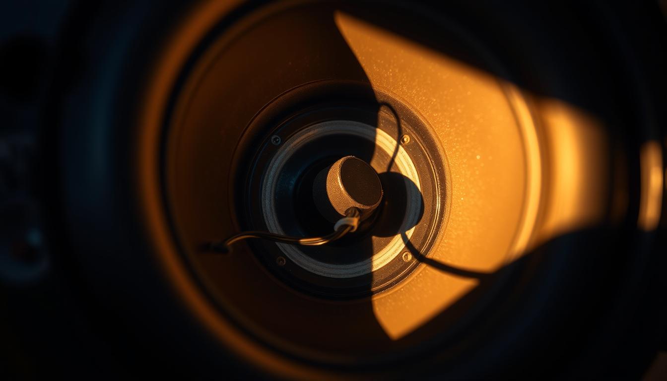 A detailed close-up of a subwoofer's inner components, showcasing the grounding connections. The scene is illuminated by a warm, directional light, casting shadows that emphasize the intricate wiring and circuitry. The focus is on the ground terminal, drawing the viewer's attention to this critical yet often overlooked aspect of subwoofer design. The overall mood is one of technical precision, highlighting the importance of proper grounding for eliminating buzzing and humming issues in audio systems. A detailed close-up of a subwoofer's inner components, showcasing the grounding connections. The scene is illuminated by a warm, directional light, casting shadows that emphasize the intricate wiring and circuitry. The focus is on the ground terminal, drawing the viewer's attention to this critical yet often overlooked aspect of subwoofer design. The overall mood is one of technical precision, highlighting the importance of proper grounding for eliminating buzzing and humming issues in audio systems.