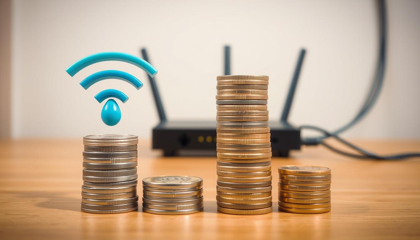 A detailed cost comparison chart showcasing the financial trade-offs between Wi-Fi and wired network connectivity. The foreground features two stacks of coins, one representing the initial investment and the other the long-term operational costs, with the Wi-Fi stack slightly taller to illustrate its higher upfront expenditure. The middle ground depicts a home interior with a router and Ethernet cables, providing visual context. The background is a muted, warm-toned room setting, emphasizing the analytical nature of the subject matter. Crisp lighting from multiple angles highlights the financial data visualized, conveying a sense of clarity and informed decision-making.