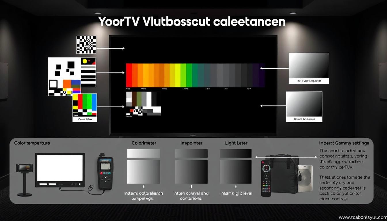 A detailed diagram illustrating common TV calibration challenges. In the foreground, a large flat-screen television displays various test patterns, color bars, and grayscale gradients. The middle ground showcases a variety of calibration tools, including a colorimeter, a light meter, and a remote control. In the background, a dimly lit room with muted colors and subtle lighting creates a professional, technical atmosphere. The diagram highlights key areas of concern, such as incorrect color temperature, improper gamma settings, and issues with black levels and contrast. The overall layout and design convey a sense of precision and problem-solving, guiding the viewer through the process of optimizing their TV's picture quality.