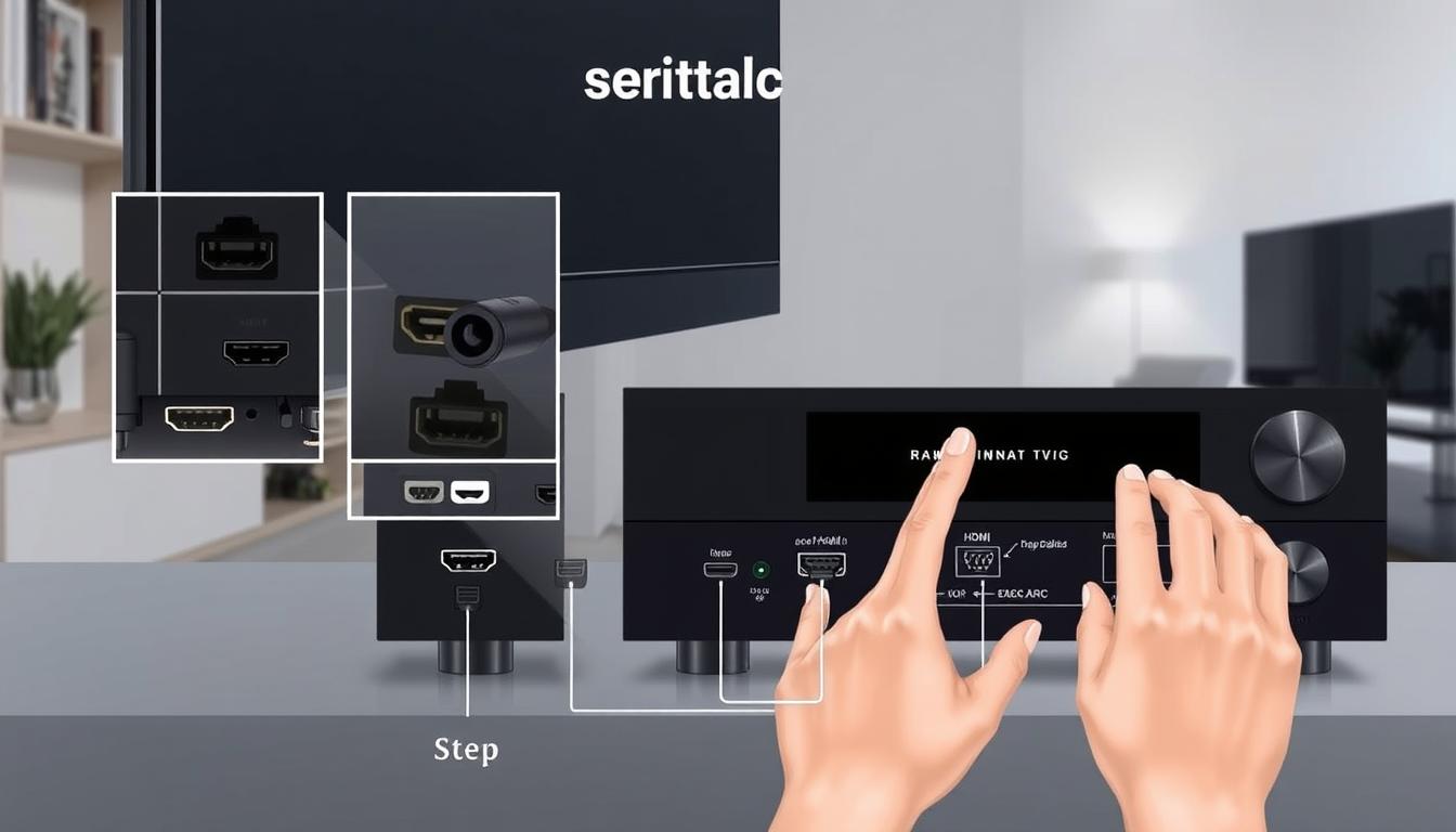 A detailed, step-by-step illustration of the eARC setup process on a modern TV and A/V receiver. The foreground showcases the TV and receiver connection ports, with close-up views of the HDMI, optical, and eARC-enabled HDMI inputs. The middle ground features hands carefully connecting the cables, highlighting the workflow. The background depicts a clean, minimalist living room setting with subtle lighting, conveying a sense of technical precision and seamless integration. The overall mood is one of clarity, focus, and a straightforward, instructional approach to enabling this advanced audio feature. A detailed, step-by-step illustration of the eARC setup process on a modern TV and A/V receiver. The foreground showcases the TV and receiver connection ports, with close-up views of the HDMI, optical, and eARC-enabled HDMI inputs. The middle ground features hands carefully connecting the cables, highlighting the workflow. The background depicts a clean, minimalist living room setting with subtle lighting, conveying a sense of technical precision and seamless integration. The overall mood is one of clarity, focus, and a straightforward, instructional approach to enabling this advanced audio feature.