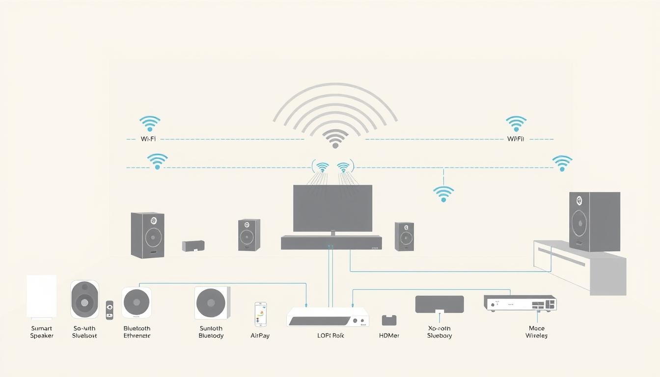 A detailed, technical diagram of a smart home audio connectivity setup. In the foreground, depict a variety of smart speakers, soundbars, and other audio devices seamlessly connected via Wi-Fi and Ethernet. In the middle ground, illustrate the flow of audio signals, with wireless protocols like Bluetooth and AirPlay, as well as wired connections like HDMI and RCA. In the background, showcase the central smart home hub or router, radiating wireless coverage throughout the room. Use a clean, minimalist style with muted colors to convey the sophisticated, integrated nature of the smart home audio system. Ensure the diagram is highly detailed and informative, suitable for use in a technical article.
