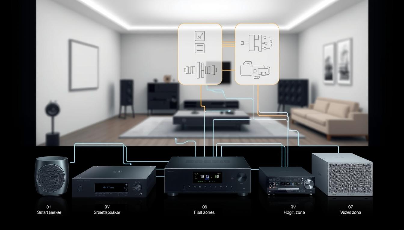 A detailed technical diagram showcasing a multi-zone audio system. Crisp, technical illustration depicting the interconnected components and signal flow. In the foreground, various audio sources like smart speakers, amplifiers, and digital media players are arranged in a logical layout. The middle ground features clean, color-coded wiring and connection diagrams, highlighting the integration of zones and zones. In the background, a minimalist room layout provides spatial context, with walls and furnishings rendered in muted tones to maintain focus on the technical elements. The overall aesthetic is sleek, modern, and precise, conveying a sense of advanced audio engineering and smart home integration.