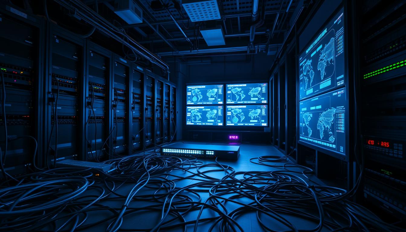A dimly lit data center, filled with a complex arrangement of server racks, networking equipment, and glowing displays. In the foreground, a tangle of cables and ethernet connections snake across the floor, creating a web-like pattern. The middle ground features a large network switch, its ports blinking rhythmically, surrounded by various routers and modems. In the background, a series of monitors display real-time network diagrams and performance metrics, casting a soft, bluish glow across the scene. The atmosphere is one of technical precision and problem-solving, with a sense of tension and focus. Lighting is dramatic, with pools of light and shadow, emphasizing the intricate details of the networking components. A dimly lit data center, filled with a complex arrangement of server racks, networking equipment, and glowing displays. In the foreground, a tangle of cables and ethernet connections snake across the floor, creating a web-like pattern. The middle ground features a large network switch, its ports blinking rhythmically, surrounded by various routers and modems. In the background, a series of monitors display real-time network diagrams and performance metrics, casting a soft, bluish glow across the scene. The atmosphere is one of technical precision and problem-solving, with a sense of tension and focus. Lighting is dramatic, with pools of light and shadow, emphasizing the intricate details of the networking components.