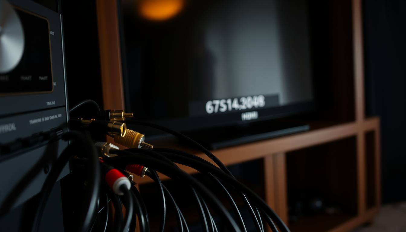 A dimly lit, high-angle view of an entertainment center showcasing a variety of cable and port configurations. In the foreground, a tangle of HDMI, RCA, and coaxial cables emerge from the back of a vintage A/V receiver, their connectors highlighted by soft, warm lighting. In the middle ground, the sleek, modern lines of a new flat-screen TV contrast with the aged ports on its rear panel. The background gently blurs, drawing the eye to the intricate web of connections, hinting at the potential challenges of integrating legacy and contemporary devices.