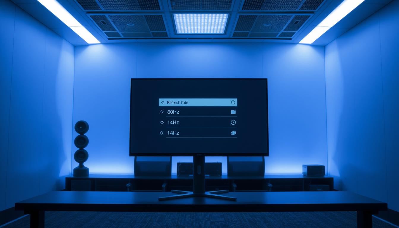 A dimly lit, high-tech office setting with a large, sleek display at the center. The display shows a menu of various refresh rate options, ranging from 60Hz to 144Hz, displayed in a clean, minimalist interface. The room is bathed in a soft, bluish hue, creating a calming, professional atmosphere. The display is positioned at a slight angle, allowing for a clear and unobstructed view of the settings. The background is slightly blurred, drawing the viewer's attention to the central display and the refresh rate options it presents. A dimly lit, high-tech office setting with a large, sleek display at the center. The display shows a menu of various refresh rate options, ranging from 60Hz to 144Hz, displayed in a clean, minimalist interface. The room is bathed in a soft, bluish hue, creating a calming, professional atmosphere. The display is positioned at a slight angle, allowing for a clear and unobstructed view of the settings. The background is slightly blurred, drawing the viewer's attention to the central display and the refresh rate options it presents.