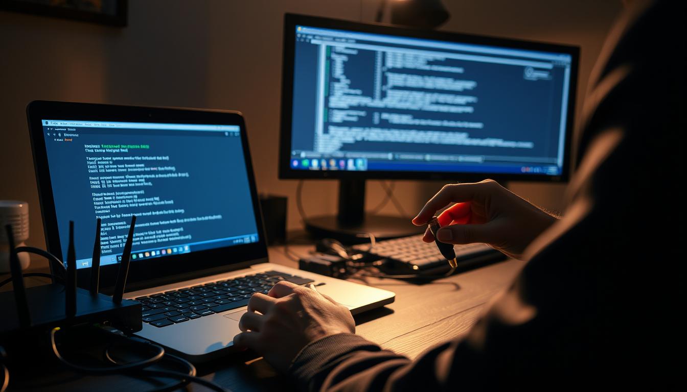 A dimly lit home office setup, with a laptop, desktop computer, and networking equipment like a router and ethernet cables. The scene conveys a sense of troubleshooting and problem-solving, with a focused and analytical atmosphere. Soft, warm lighting illuminates the scene, casting shadows and highlights that suggest a technical, engineering-like approach. The laptop screen displays diagnostic information, and the user's hands are shown interacting with the devices, trying to resolve a connectivity issue. The background is blurred, emphasizing the foreground setup and the user's troubleshooting efforts. A dimly lit home office setup, with a laptop, desktop computer, and networking equipment like a router and ethernet cables. The scene conveys a sense of troubleshooting and problem-solving, with a focused and analytical atmosphere. Soft, warm lighting illuminates the scene, casting shadows and highlights that suggest a technical, engineering-like approach. The laptop screen displays diagnostic information, and the user's hands are shown interacting with the devices, trying to resolve a connectivity issue. The background is blurred, emphasizing the foreground setup and the user's troubleshooting efforts.