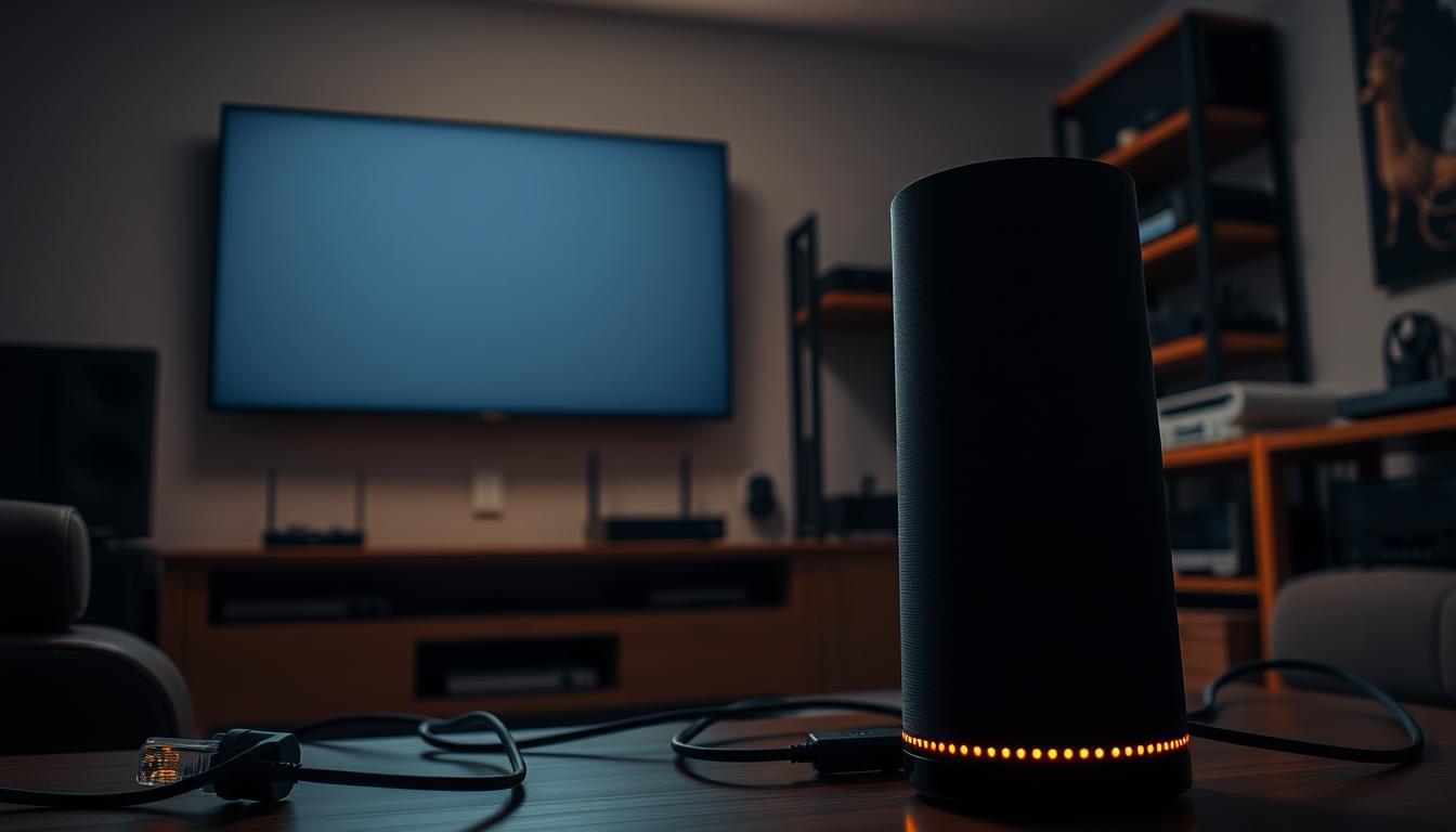 A dimly lit home theater interior, with a variety of voice assistant connection methods prominently displayed. In the foreground, a sleek black smart speaker with glowing LEDs, surrounded by various cables and adapters. In the middle ground, a flat-screen TV mounted on the wall, with an Ethernet cable snaking towards it, symbolizing a wired network connection. In the background, shelves filled with AV equipment, including a router and modem, conveying the wireless connectivity options. Soft, warm lighting casts a cozy, inviting atmosphere, hinting at the seamless integration of voice control in the home entertainment setup.