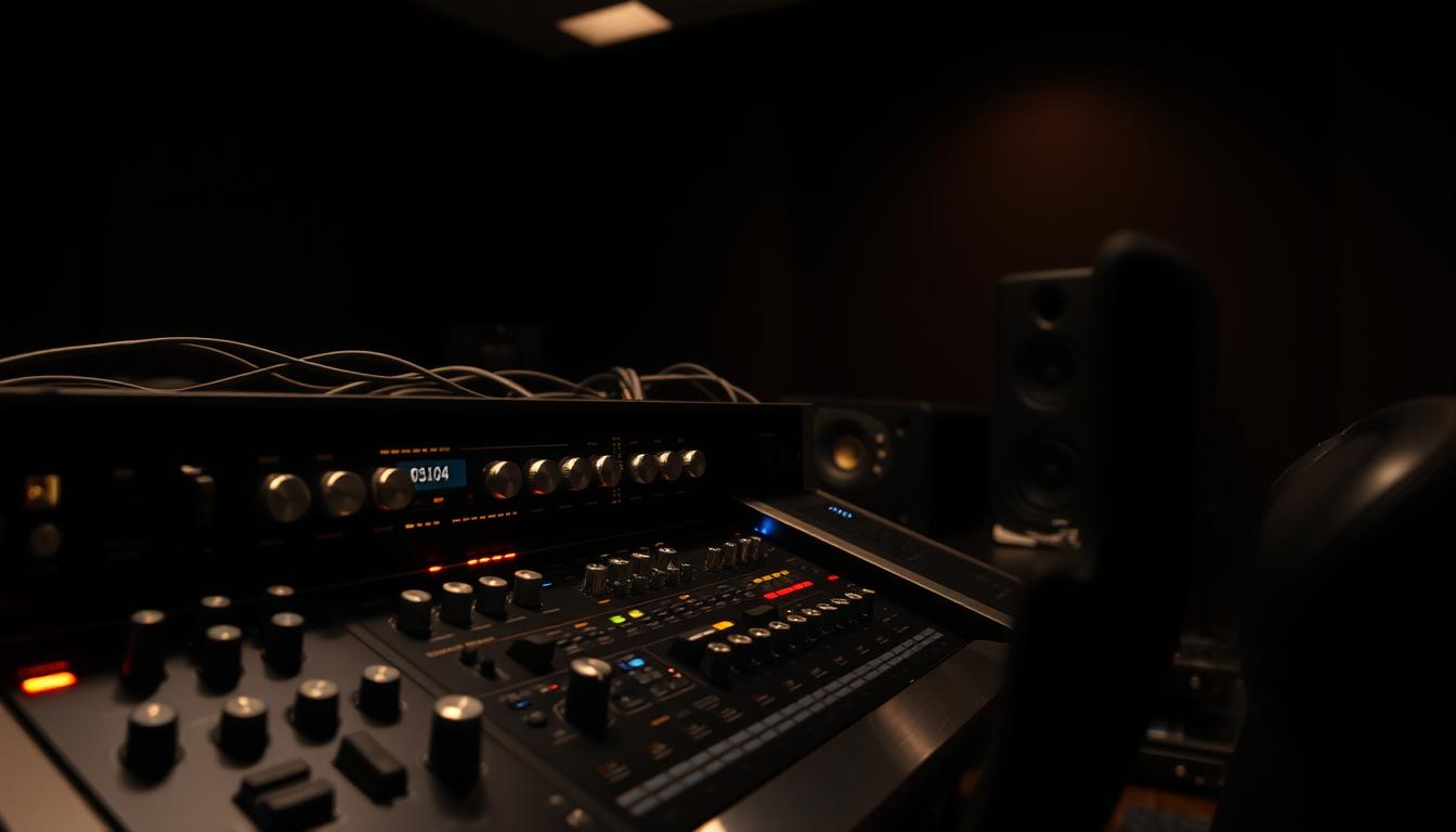 A dimly lit home theater, the focus centered on a sophisticated audio-visual control panel. Sleek, brushed-metal knobs and indicators illuminate the shadowy scene, casting a warm glow across the room. Carefully arranged cables snake behind the panel, their routes meticulously managed to ensure optimal signal transmission. An array of sophisticated electronics, meticulously calibrated, work in seamless harmony to synchronize audio across multiple speakers, eliminating any perceptible delay. The atmosphere is one of technical precision and attention to detail, conveying the importance of maintaining perfect audio synchronization for an immersive home entertainment experience.