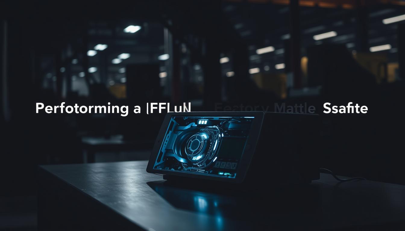 A dimly lit industrial setting, the focus on a table-top device undergoing a methodical factory reset process. Crisp, high-contrast lighting illuminates the device's intricate internals, conveying a sense of technical precision. The background features the silhouettes of factory machinery, hinting at the device's provenance. The scene exudes an atmosphere of orderliness and professionalism, mirroring the careful steps required to properly reset the device. The overall mood is one of calm, controlled functionality - a visual guide to the "Performing a Full Factory Reset Safely" process.