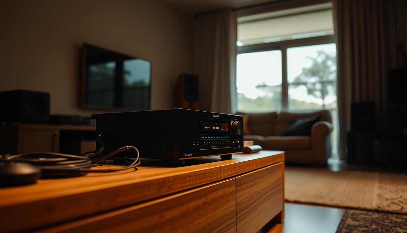 A dimly lit living room with a sleek NAD receiver prominently displayed on a modern wooden entertainment console. The receiver is positioned at an angle, showcasing its clean, minimalist design. Soft, warm lighting illuminates the scene, creating a cozy, inviting atmosphere. The receiver is surrounded by neatly arranged cables and accessories, all expertly organized to create a visually appealing and functional setup. In the background, a large window allows natural light to filter in, casting a gentle glow on the room. The overall impression is one of sophisticated audio equipment seamlessly integrated into a stylish, well-designed living space.