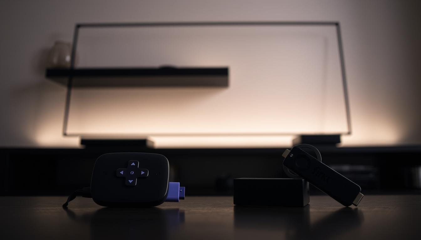 A dimly lit living room with a sleek, modern TV stand. In the foreground, a Roku streaming device and a Fire TV Stick sit side by side. The devices are the focal point, with a minimalist background of neutral-toned walls and a subtle pattern on the shelves. Soft, directional lighting illuminates the devices, casting subtle shadows and highlights that emphasize their clean, rectangular forms. The scene conveys a sense of simplicity and focus, drawing the viewer's attention to the task of resetting these common streaming devices.