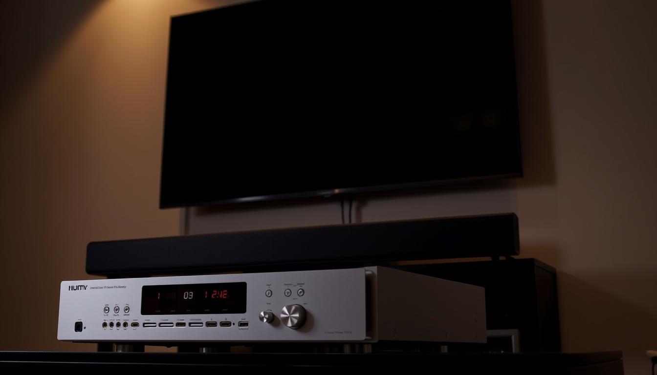 A dimly lit, modern living room with a large flat-screen television mounted on the wall. In the foreground, a sleek, black soundbar sits atop a TV stand, connected to the TV via HDMI cables. Beside the soundbar, a silver receiver unit with multiple input/output ports is carefully arranged, creating a cohesive, minimalist setup. The lighting is warm and subtle, casting a cozy glow over the scene. The overall atmosphere conveys a sense of sophisticated home entertainment, ready for an immersive audio experience.