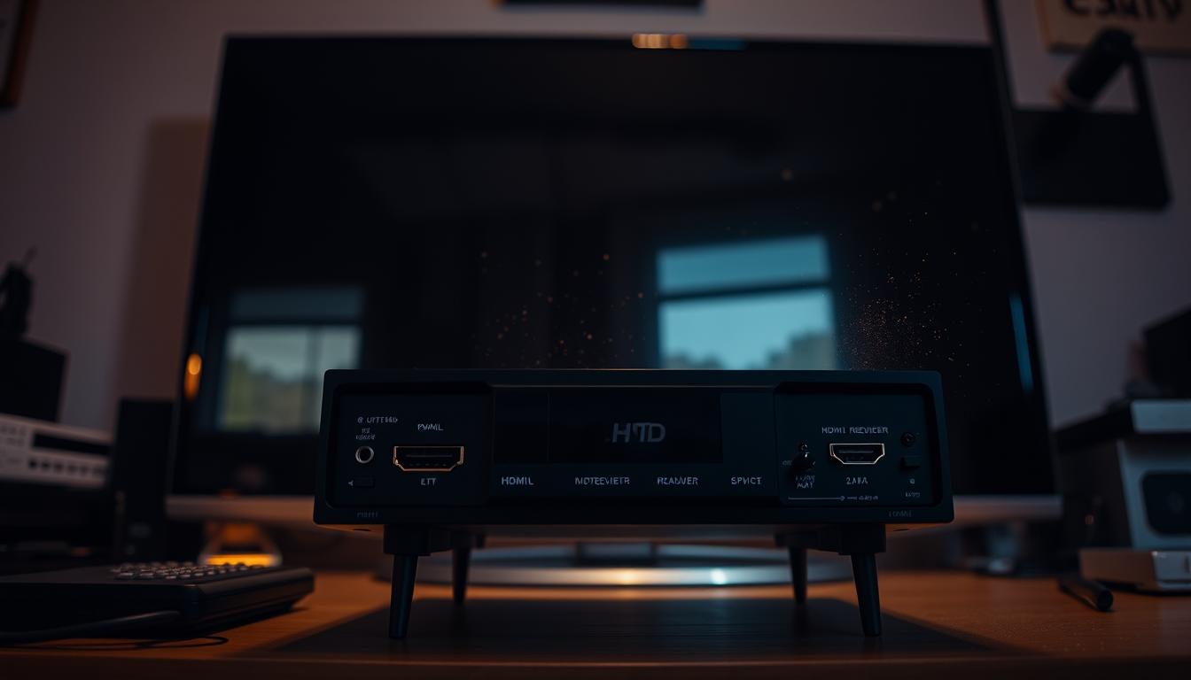 A dimly lit room with a cluttered desk showcasing the compatibility challenges between a sleek, modern TV and an older HDMI receiver. The TV's glossy screen reflects the receiver's outdated ports, creating a visual metaphor for the technological mismatch. Dust motes swirl in the soft, warm lighting, conveying a sense of frustration and the need for a solution. The scene is captured from a slightly overhead angle, emphasizing the disconnect between the devices and the user's struggle to connect them seamlessly.