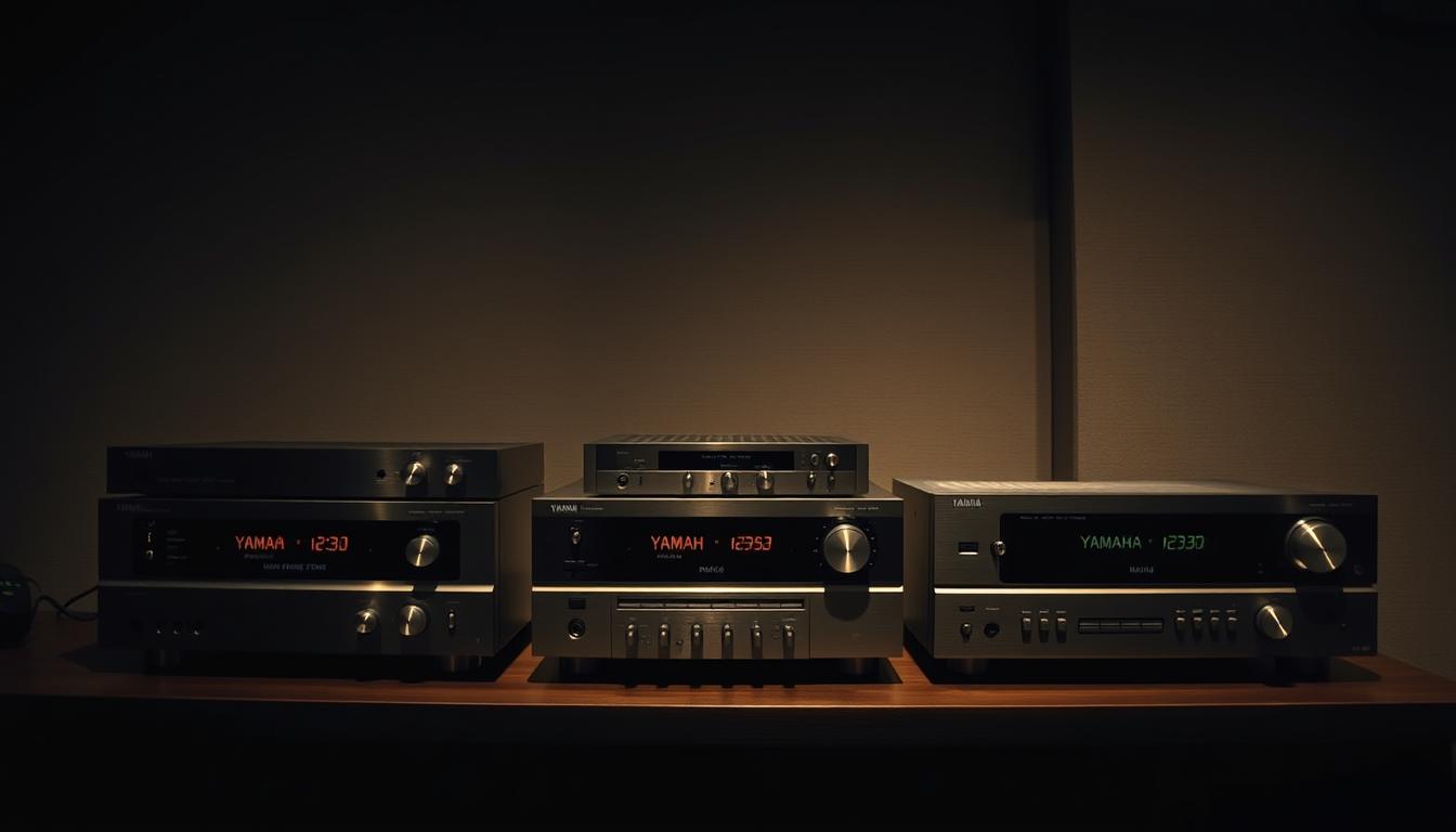 A dimly lit room with a prominent display of vintage Yamaha audio receivers from the 2000s era. The receivers are arranged in a visually appealing manner, showcasing their sleek, brushed-metal designs and classic control layouts. Soft, warm lighting illuminates the equipment, creating a nostalgic and inviting atmosphere. The receivers are positioned on a dark, wooden surface, with a subtle backdrop of a muted, textured wall. The overall scene conveys a sense of timeless quality and the enduring appeal of Yamaha's iconic audio engineering. A dimly lit room with a prominent display of vintage Yamaha audio receivers from the 2000s era. The receivers are arranged in a visually appealing manner, showcasing their sleek, brushed-metal designs and classic control layouts. Soft, warm lighting illuminates the equipment, creating a nostalgic and inviting atmosphere. The receivers are positioned on a dark, wooden surface, with a subtle backdrop of a muted, textured wall. The overall scene conveys a sense of timeless quality and the enduring appeal of Yamaha's iconic audio engineering.