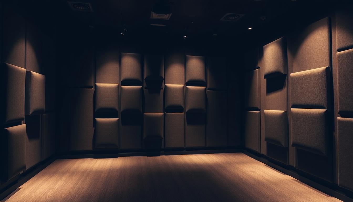 A dimly lit room with acoustic panels strategically placed on the walls, creating a balanced soundscape. The panels, in a muted gray hue, are arranged in a visually pleasing pattern, strategically positioned to absorb and diffuse sound waves. The room is bathed in a warm, ambient light, casting subtle shadows that highlight the textured surfaces of the panels. The arrangement appears meticulously planned, with each panel's placement optimized to minimize echo and enhance the overall acoustic quality of the space. The scene conveys a sense of thoughtful design and attention to detail, perfectly capturing the essence of the "Mapping and Optimizing Panel Placement for Acoustic Efficiency" section. A dimly lit room with acoustic panels strategically placed on the walls, creating a balanced soundscape. The panels, in a muted gray hue, are arranged in a visually pleasing pattern, strategically positioned to absorb and diffuse sound waves. The room is bathed in a warm, ambient light, casting subtle shadows that highlight the textured surfaces of the panels. The arrangement appears meticulously planned, with each panel's placement optimized to minimize echo and enhance the overall acoustic quality of the space. The scene conveys a sense of thoughtful design and attention to detail, perfectly capturing the essence of the "Mapping and Optimizing Panel Placement for Acoustic Efficiency" section.
