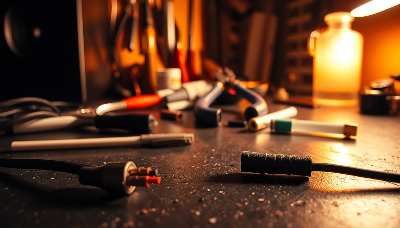 A dimly lit workbench, scattered with tools and materials, sets the stage for the task at hand. In the foreground, a pair of speaker wires lay severed, their copper cores exposed, awaiting repair. The middle ground features a range of wire strippers, crimping pliers, and adhesive-lined heat shrink tubing, hinting at the techniques to be employed. The background casts a warm, amber glow, creating an atmosphere of focused problem-solving. Crisp, realistic textures and subtle shadows convey the tangible nature of the scene, inviting the viewer to envision themselves undertaking this delicate repair process.