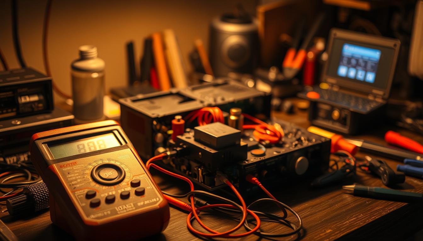 A dimly lit workbench showcases a disassembled home theater receiver, its internal components laid out in an organized manner. The scene is bathed in a warm, amber glow, creating an atmosphere of focused diagnosis. In the foreground, a multimeter probes the receiver's power supply, measuring voltage and current to identify potential issues. The middle ground features various tools, including screwdrivers, pliers, and diagnostic equipment, hinting at the methodical approach required to troubleshoot the problem. The background is blurred, directing the viewer's attention to the receiver's inner workings, emphasizing the importance of a thorough, technical examination to determine the root cause of the power failure. A dimly lit workbench showcases a disassembled home theater receiver, its internal components laid out in an organized manner. The scene is bathed in a warm, amber glow, creating an atmosphere of focused diagnosis. In the foreground, a multimeter probes the receiver's power supply, measuring voltage and current to identify potential issues. The middle ground features various tools, including screwdrivers, pliers, and diagnostic equipment, hinting at the methodical approach required to troubleshoot the problem. The background is blurred, directing the viewer's attention to the receiver's inner workings, emphasizing the importance of a thorough, technical examination to determine the root cause of the power failure.