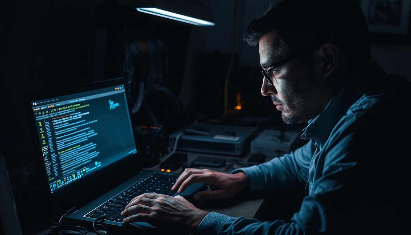 A dimly lit workspace, the glow of a laptop screen illuminating the face of a focused IT professional as they troubleshoot a complex network issue. Intricate cable webs, routers, and networking equipment scattered across the desk, creating a visually captivating scene. Soft shadows cast by the overhead lighting add depth and drama, while the intense expression on the technician's face conveys the gravity of the task at hand. The image should evoke a sense of problem-solving, with the technician's hands poised over the keyboard, ready to diagnose and resolve the connectivity problem. A dimly lit workspace, the glow of a laptop screen illuminating the face of a focused IT professional as they troubleshoot a complex network issue. Intricate cable webs, routers, and networking equipment scattered across the desk, creating a visually captivating scene. Soft shadows cast by the overhead lighting add depth and drama, while the intense expression on the technician's face conveys the gravity of the task at hand. The image should evoke a sense of problem-solving, with the technician's hands poised over the keyboard, ready to diagnose and resolve the connectivity problem.