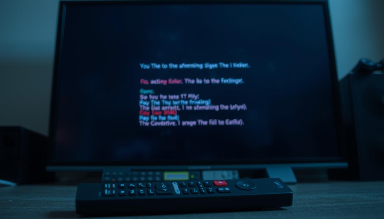 A flat-screen television displaying glitchy, pixelated video and error messages, conveying the frustration of a malfunctioning streaming device. The screen is dimly lit, with a cool color palette and moody shadows, creating a tense, unsettling atmosphere. In the foreground, the television remote lies abandoned, emphasizing the user's inability to resolve the issue. The background is blurred, drawing the viewer's attention to the problematic screen. The overall scene suggests the need for troubleshooting and resetting the streaming device to restore normal functionality.