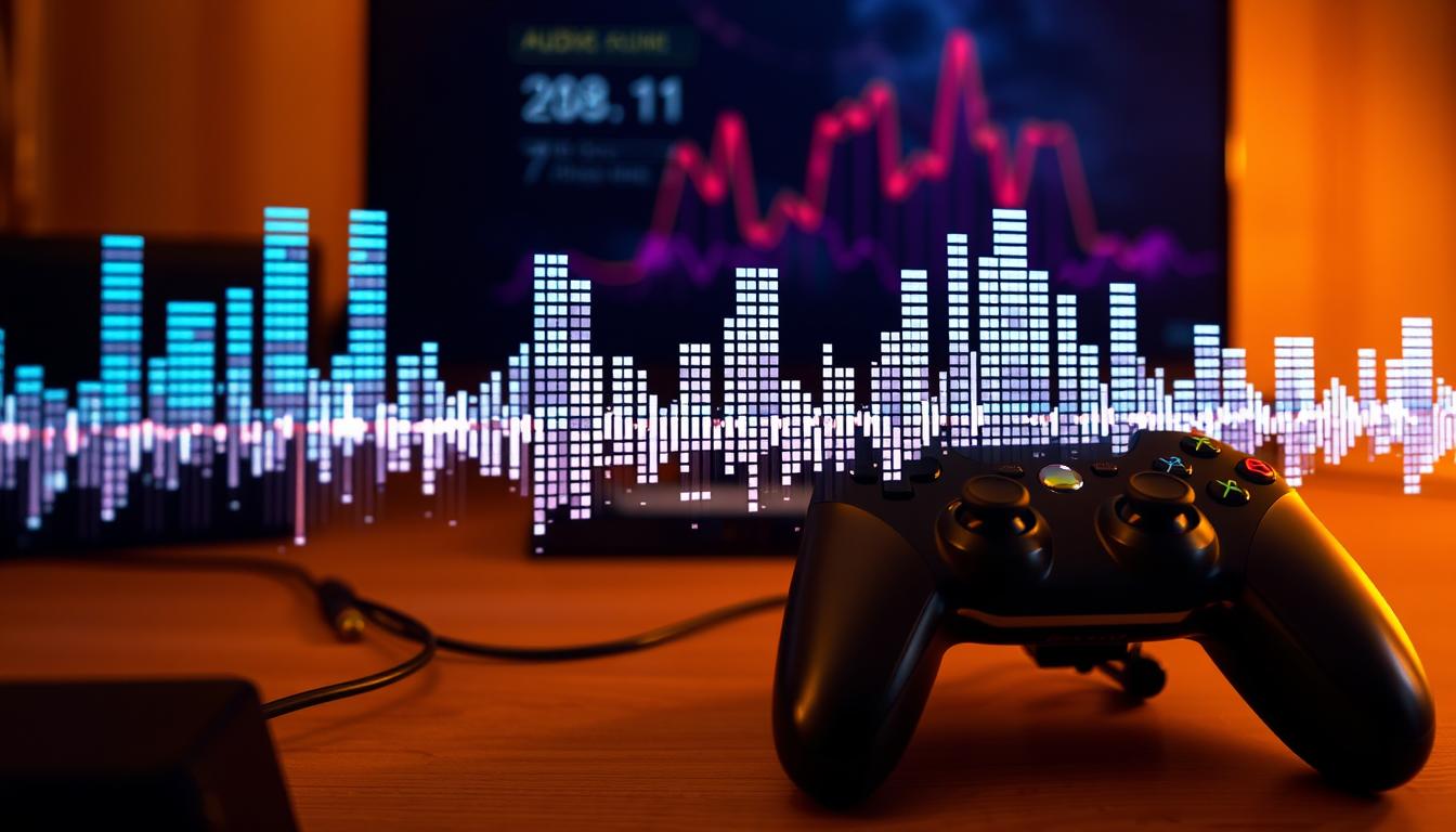 A gaming setup with a controller, gaming console, and TV display. In the foreground, a glowing, distorted, and pixelated audio waveform symbolizes the audio latency, visually representing the delay between the controller input and the audio output. The middle ground features a gaming console connected to the TV, with a visible cable representing the audio/video connection. The background is hazy, with a subtle grid pattern suggesting a technical, digital environment. Warm lighting illuminates the scene, creating a sense of tension and urgency, highlighting the impact of audio latency on the gaming experience. A gaming setup with a controller, gaming console, and TV display. In the foreground, a glowing, distorted, and pixelated audio waveform symbolizes the audio latency, visually representing the delay between the controller input and the audio output. The middle ground features a gaming console connected to the TV, with a visible cable representing the audio/video connection. The background is hazy, with a subtle grid pattern suggesting a technical, digital environment. Warm lighting illuminates the scene, creating a sense of tension and urgency, highlighting the impact of audio latency on the gaming experience.